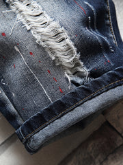 Men's Ripped Splash Print Denim Jeans Vintage Royal Straight Fit Shorts
