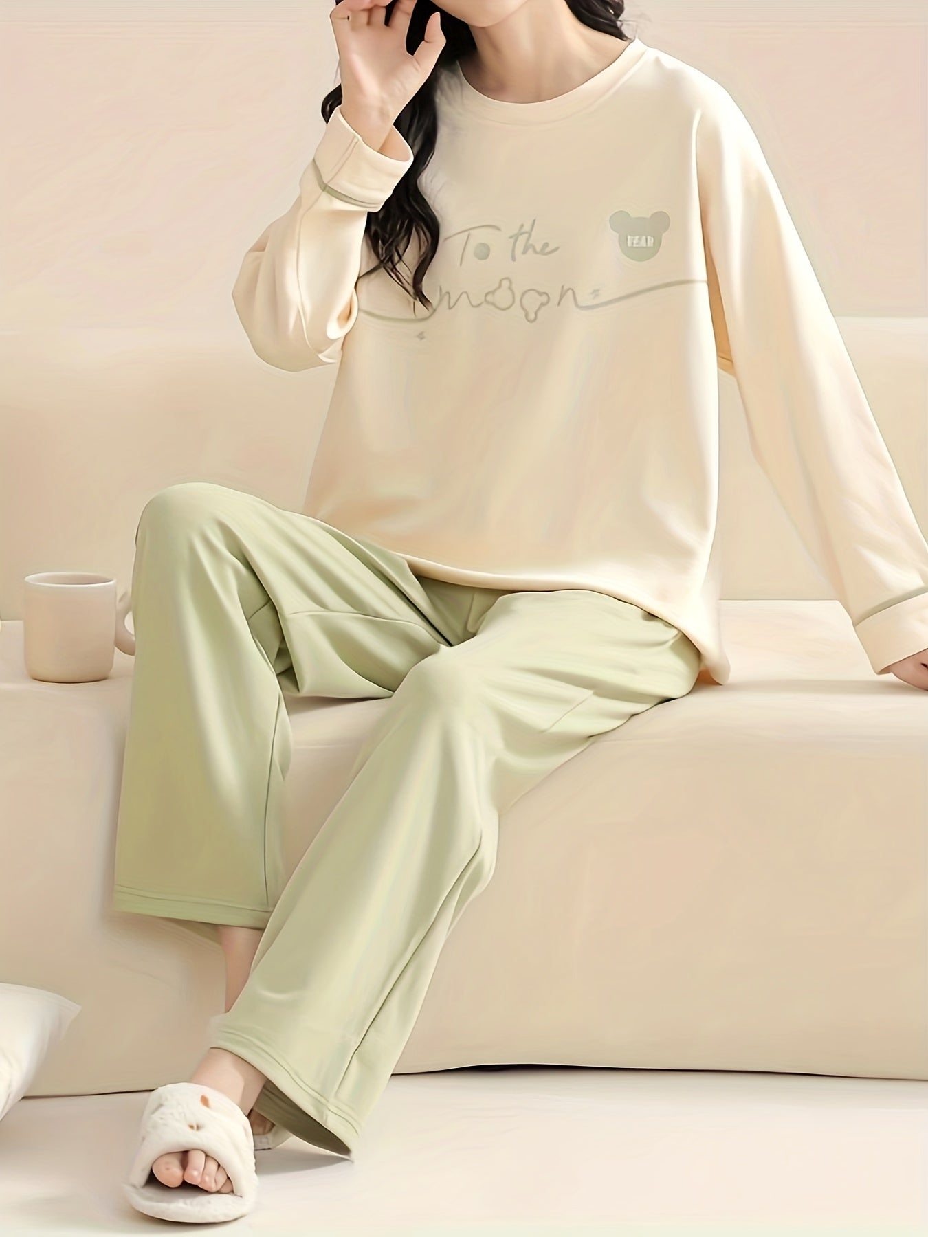 Letter Print Pajama Set Crew Neck Top & Elastic Waistband Pants