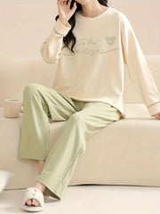 Letter Print Pajama Set Crew Neck Top & Elastic Waistband Pants