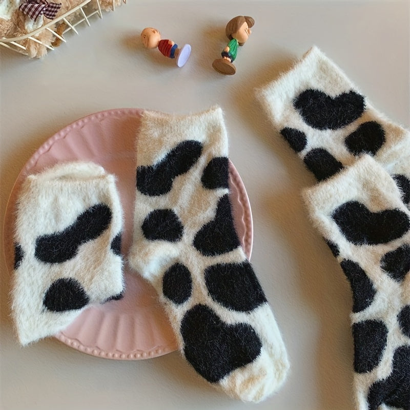 2 Pairs Cartoon Cow Spot Socks Warm & Fuzzy Stockings