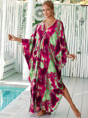 Boho Abaya Dress Women's Plus Tie Dye Batwing Sleeve V Neck Split Maxi