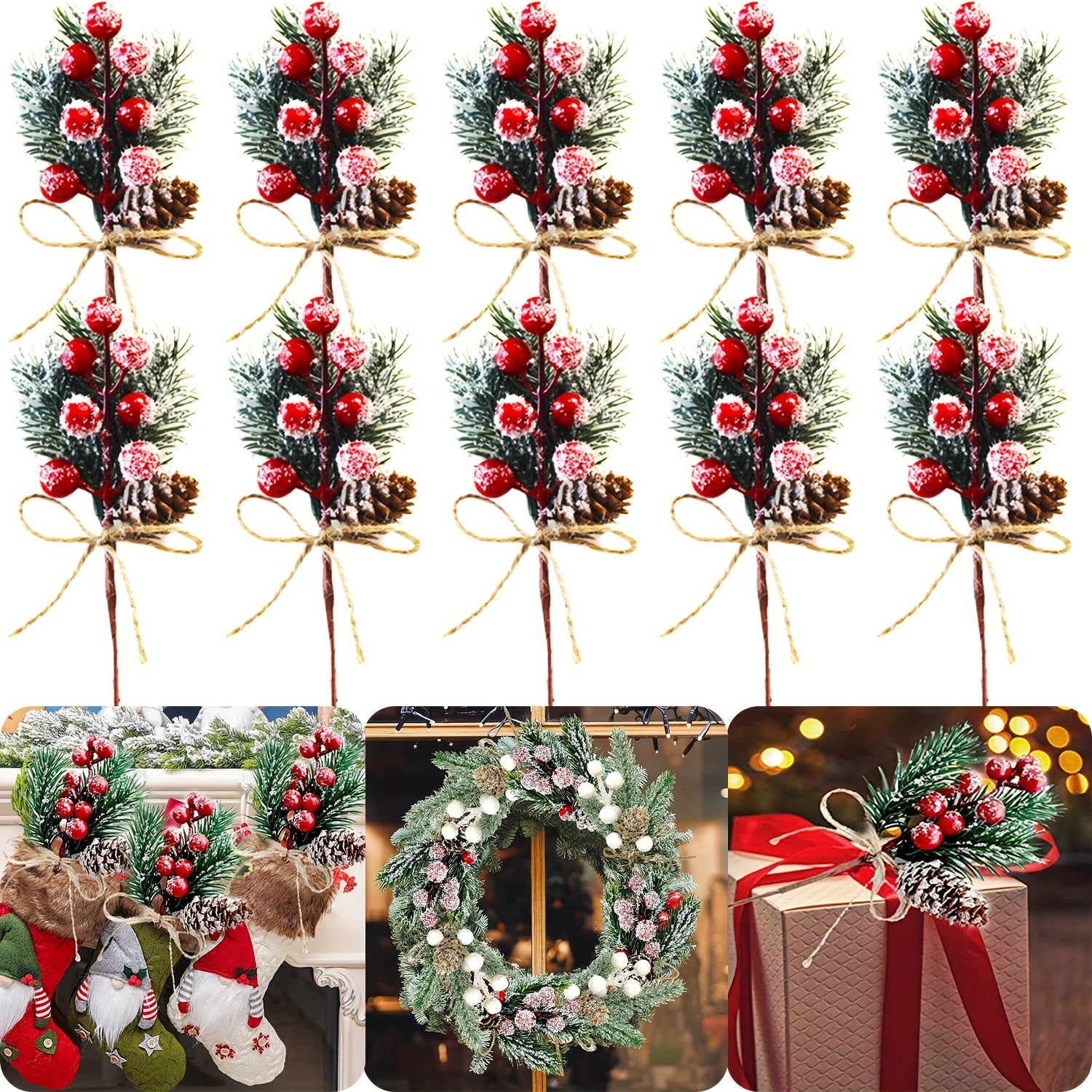 10pcs Christmas Tree Accessories Snowflake Pine Berry Pine Cones Branches Wreath