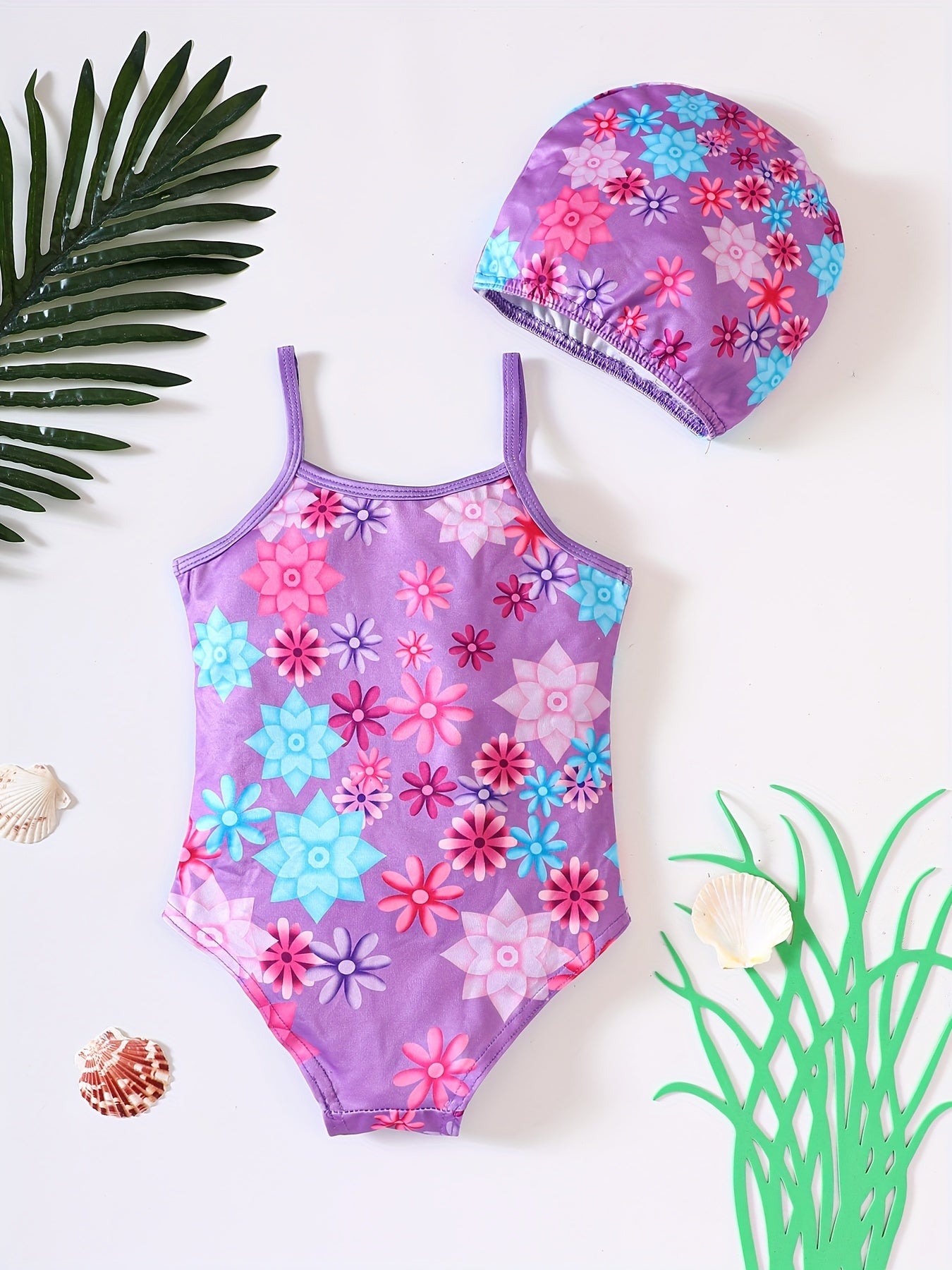 Girl's Unicorn Print Onesie Swimsuit & Cap