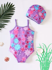 Girl's Unicorn Print Onesie Swimsuit & Cap