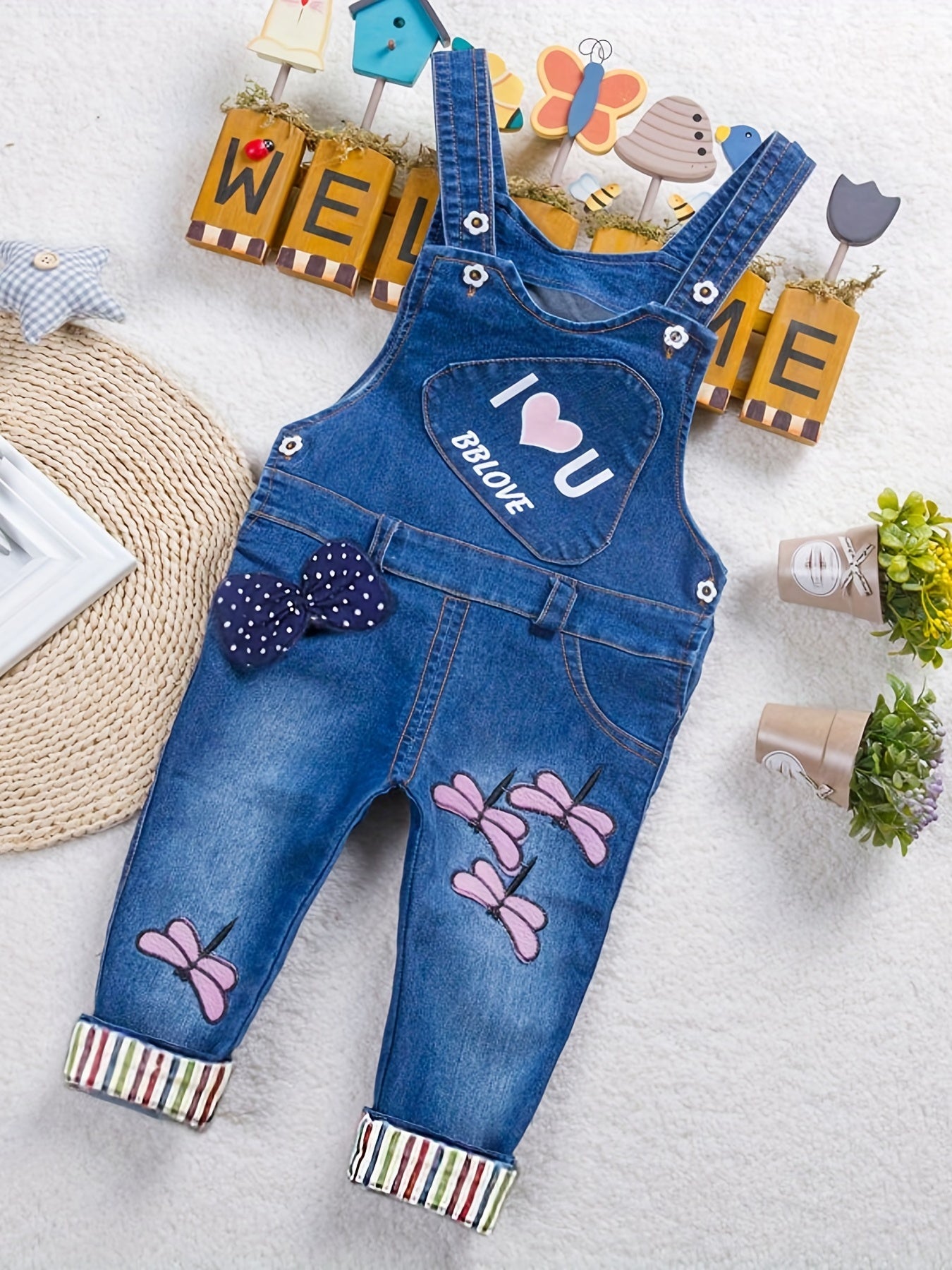 Baby Girls Dragonfly Heart Pattern Bowknot Overalls