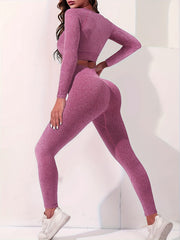 2pcs Yoga Sports Set Long Sleeves Crop Tops & High Waist Leggings