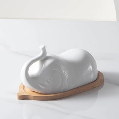 Elephant Shaped Ceramic Butter Dish with Lid and Wooden Saucer