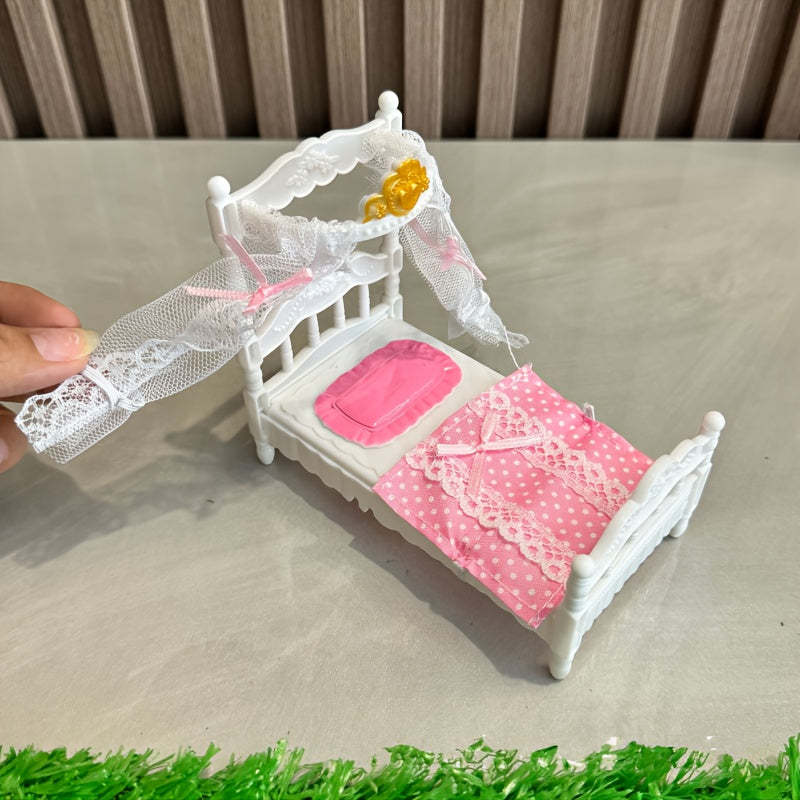 Mini Princess Bed with Canopy & Lace Curtains Dollhouse Furniture for Girls