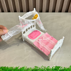 Mini Princess Bed with Canopy & Lace Curtains Dollhouse Furniture for Girls