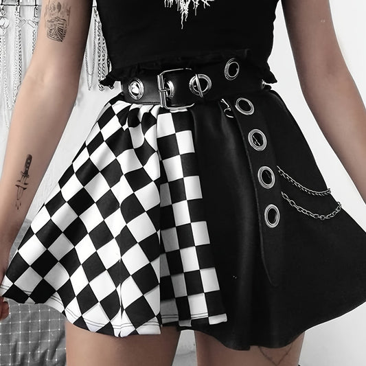 Chessboard Print Splicing Skirt Gothic Ruched Punk Mini Skirt