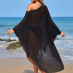 Batwing Sleeves Cover Up Dress Without Bikini Asymmetrical Semi Sheer Mid