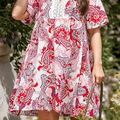 Boho Dress Women's Plus Paisley Floral Print V Neck Loose Fit Dress