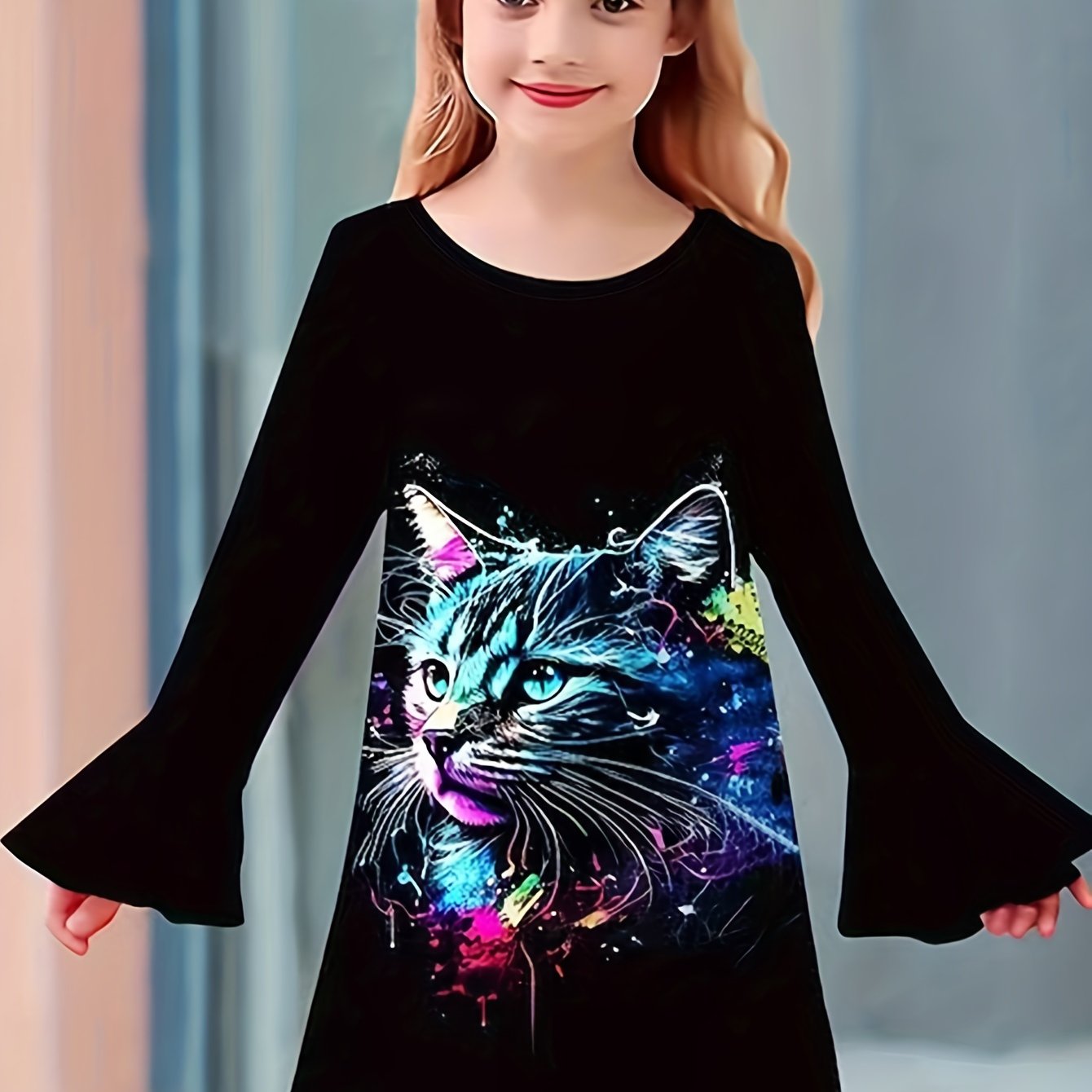 Tie Dye Kitty Graphic Crew Neck Long Sleeve Dress For Girls