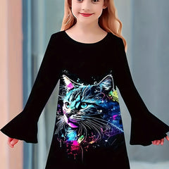 Tie Dye Kitty Graphic Crew Neck Long Sleeve Dress For Girls