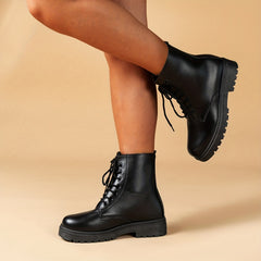 Women's Chunky Heel Combat Boots Solid Lace Up Short Boots