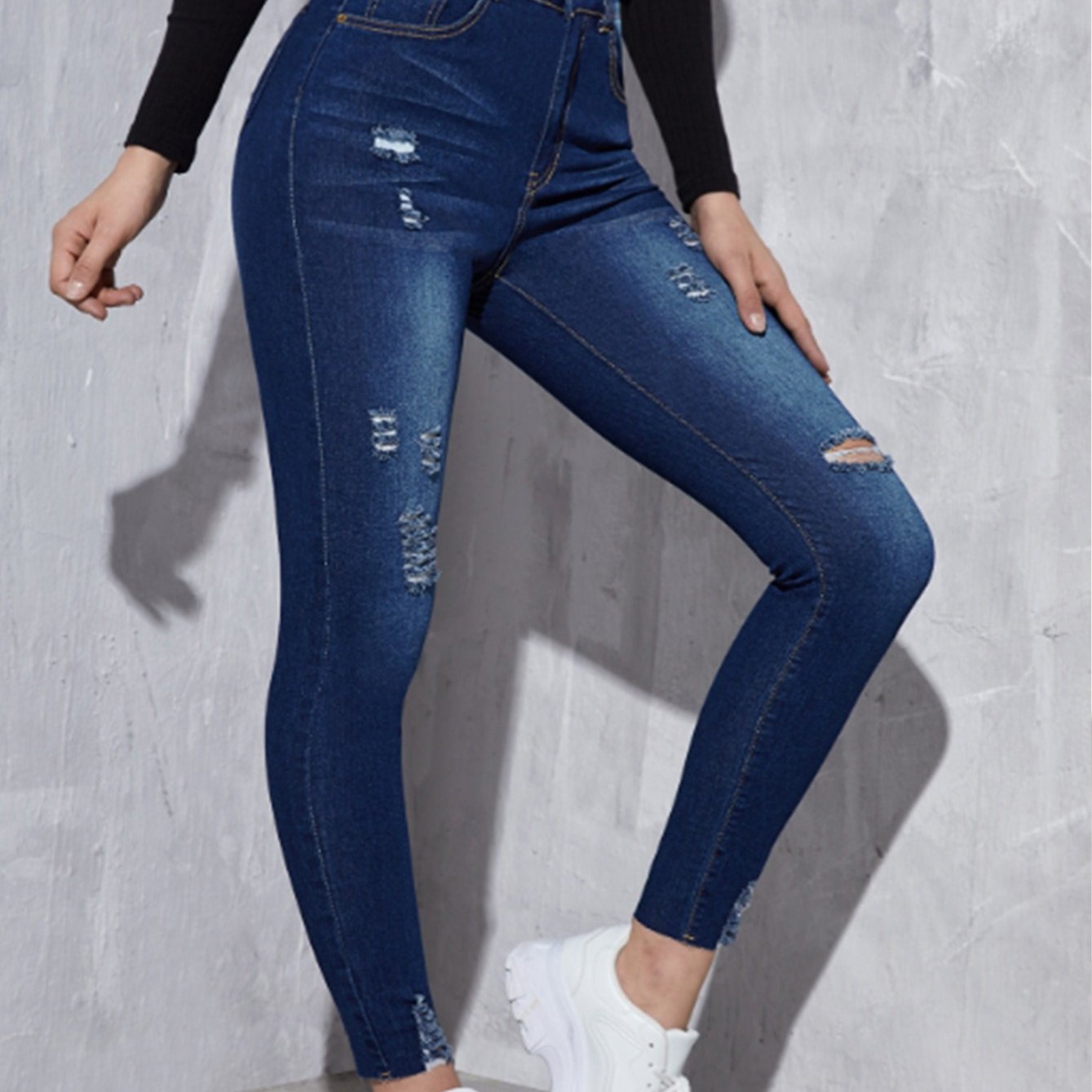Navy Distressed Denim Pants High Rise Skinny Jeans