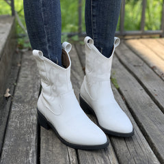 Embroidered Chunky Heeled Ankle Boots Slip On Western Boots