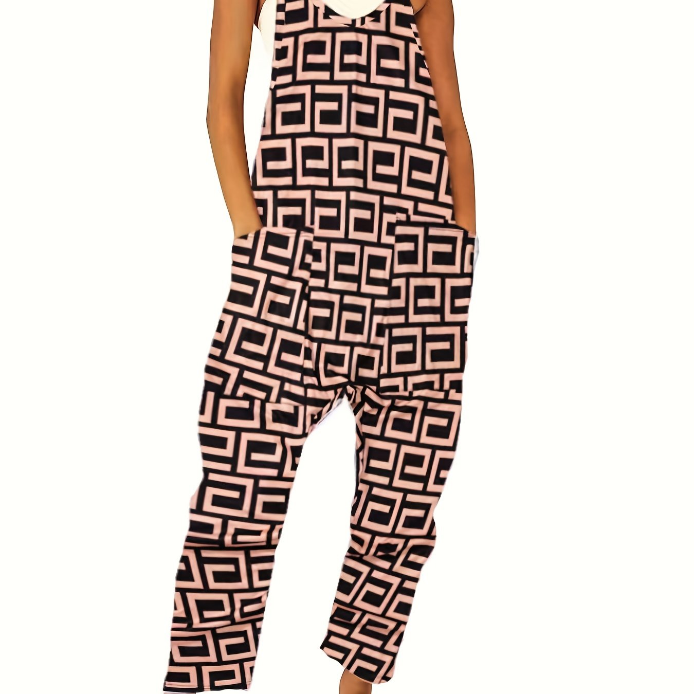 Geo Print Pockets Overall Jumpsuit for Women