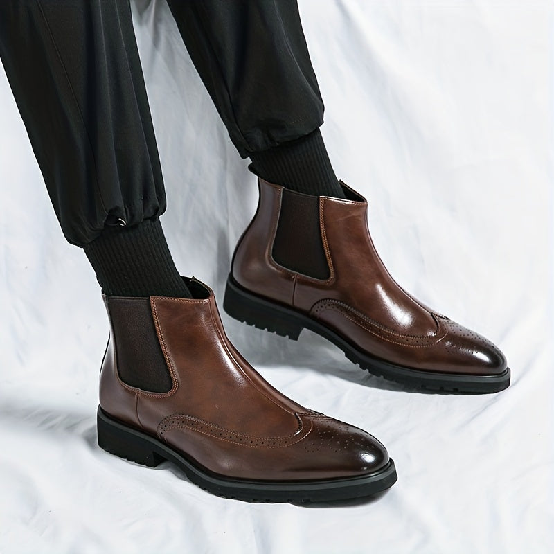 Men's Brogue Chelsea Boots Pointed Toe Slip On Ankle Boots