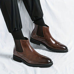 Men's Brogue Chelsea Boots Pointed Toe Slip On Ankle Boots