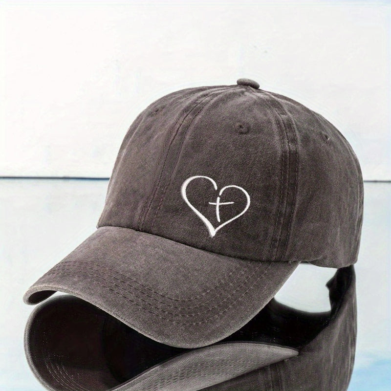 Heart Print Baseball Cap Washed Distressed Dad Hat