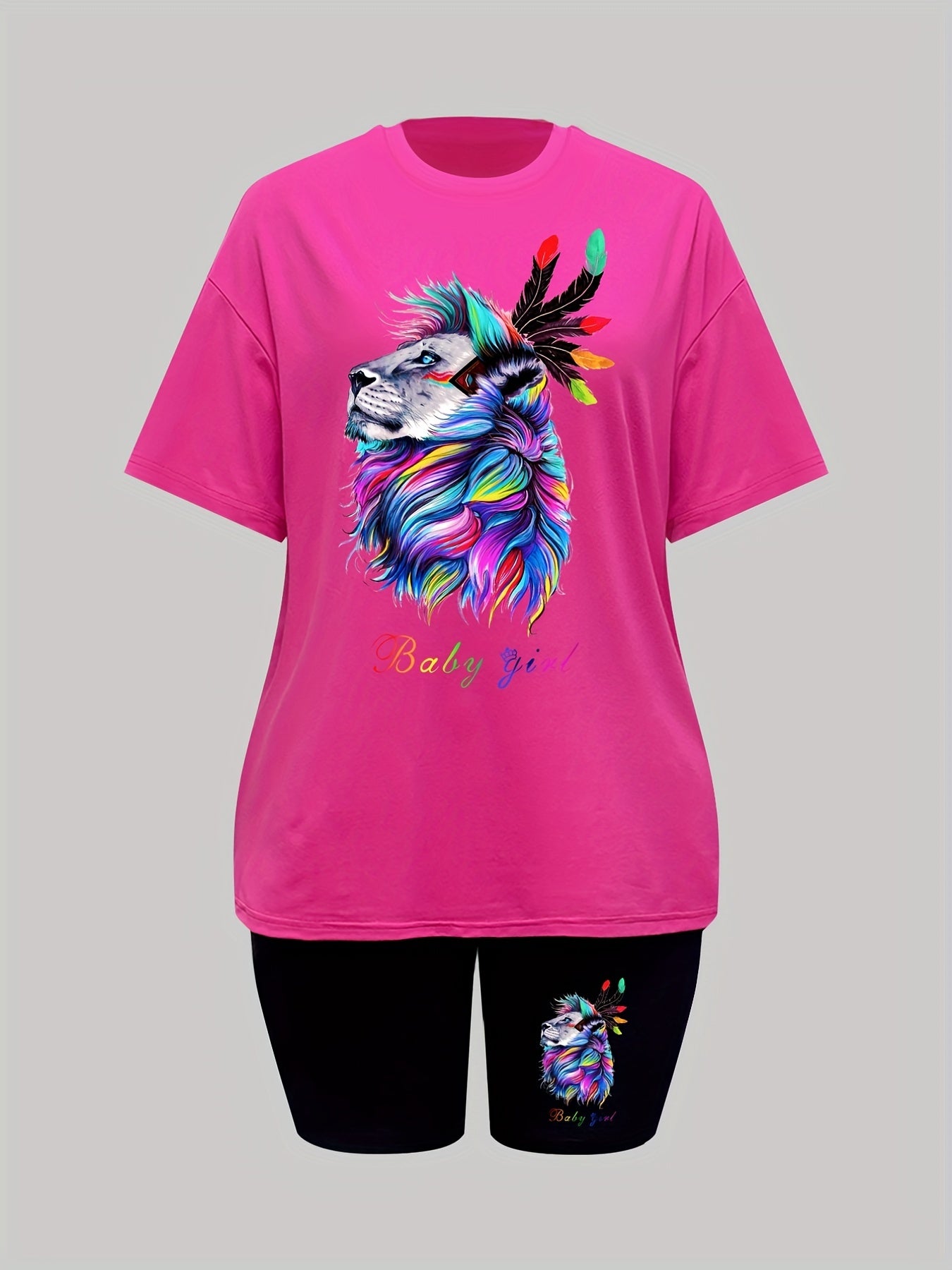 Lion Print Matching Two piece Set Casual Short Sleeve T shirt & Skinny Shorts