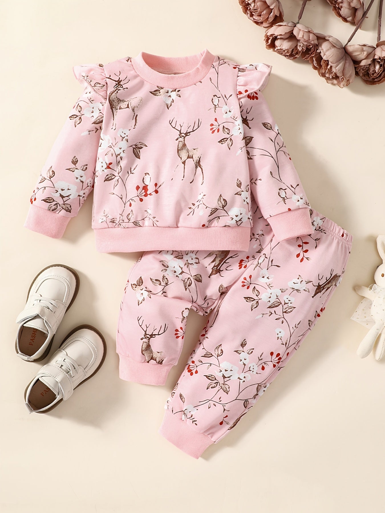2pcs Baby Girls Deer And Flowers Print Sweatshirt & Pants Set