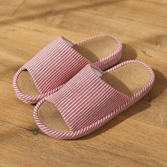 Women's Striped Flat Slippers Linen Open Toe Soft Home Shoes
