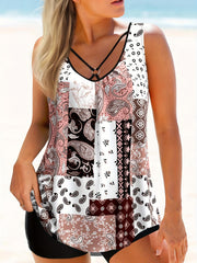 Boho Tankini Set Paisley Print Round Neck Swimsuit 2 Piece Set