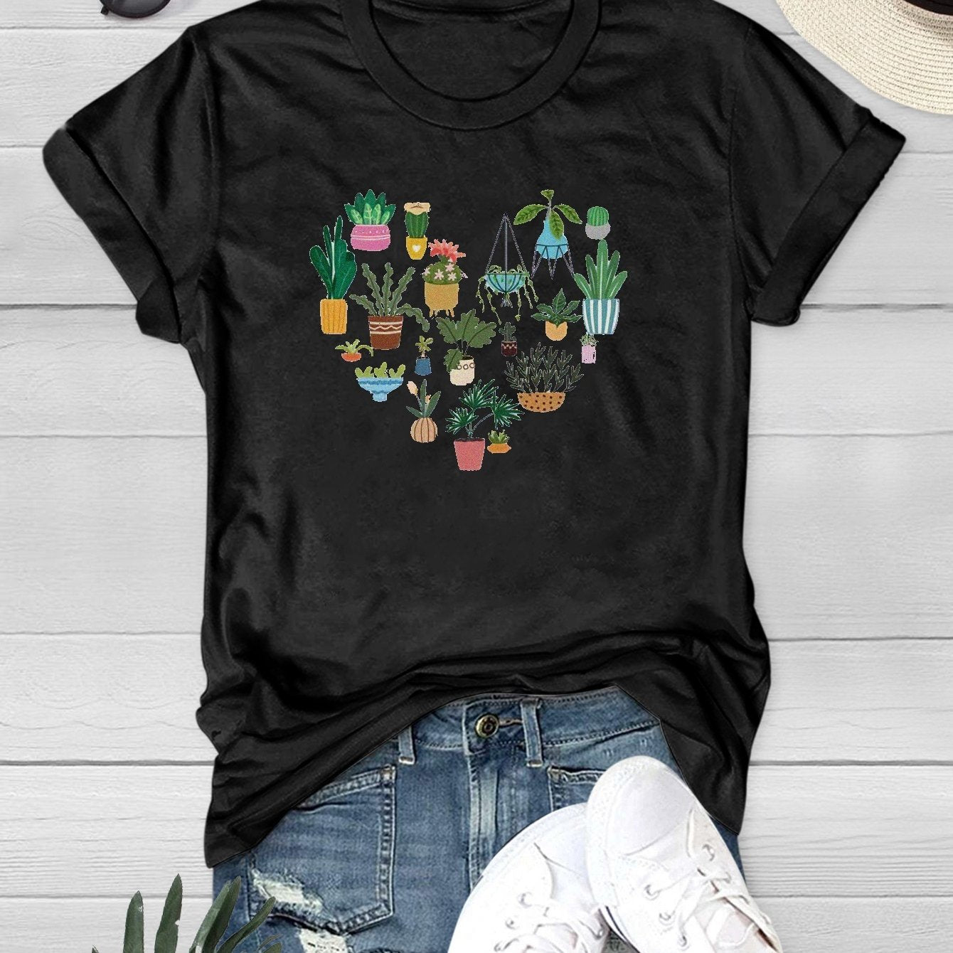 Heart Plants Printed Crew Neck T-shirt for Women