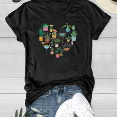Heart Plants Printed Crew Neck T-shirt for Women