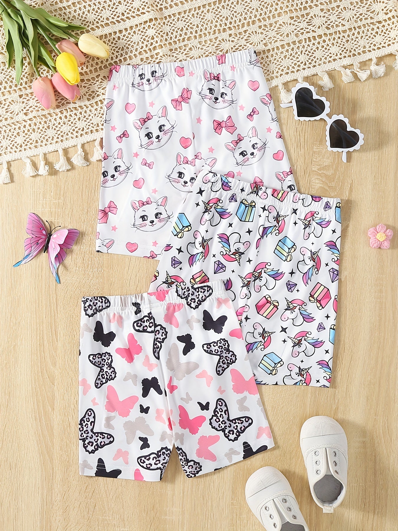 3pcs Girls' Bike Shorts with Cartoon Print Regular Fit Comfy Shorts