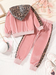Leopard Velvet 2pcs Hoodie & Sweatpants Set for Girls