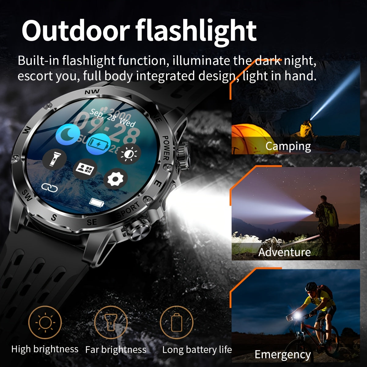 Outdoor Smart Watch with LED Flashlight 800mAh
