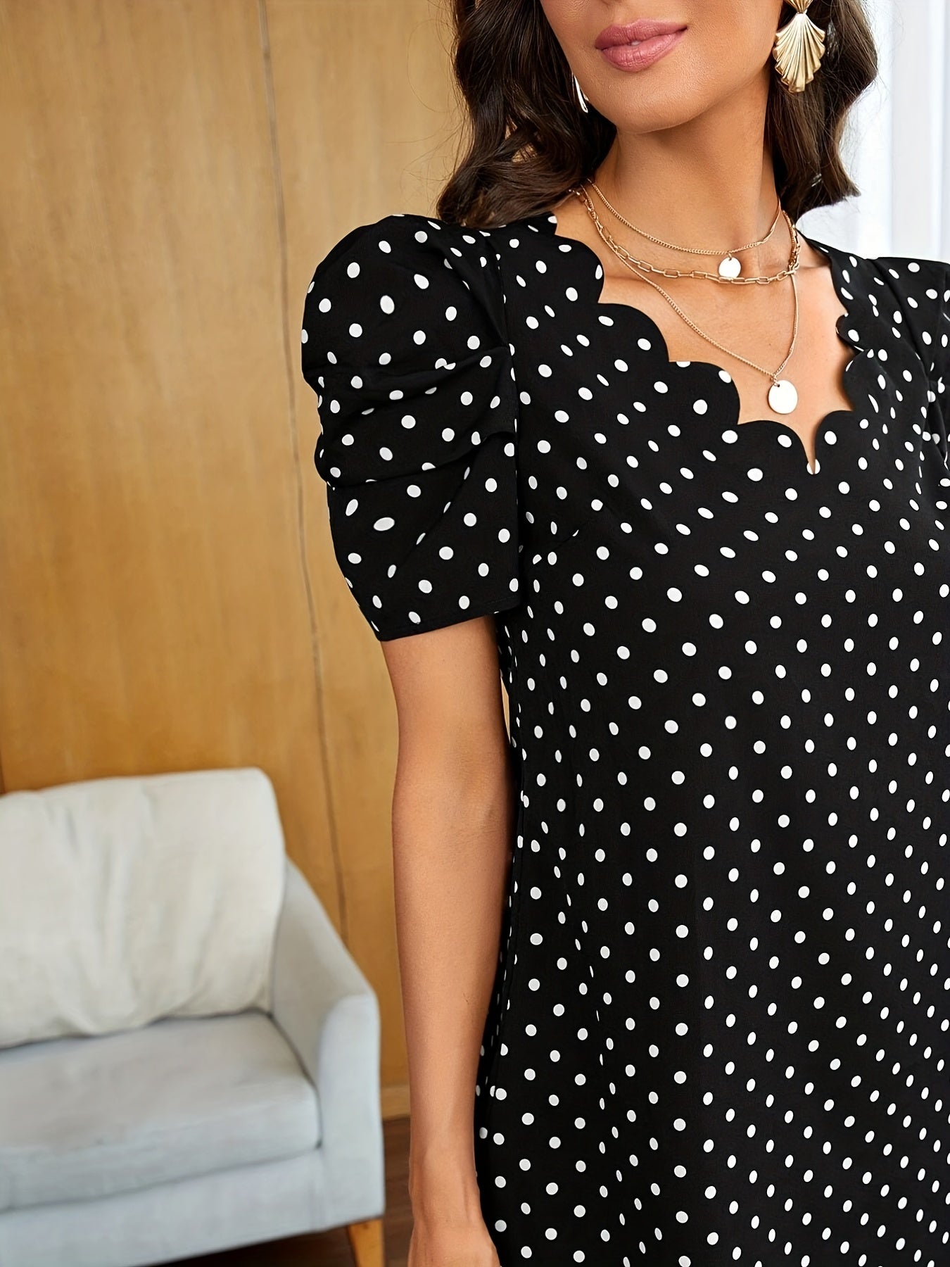 Polka Dot Scallop Trim V Neck Dress Short Sleeve Women's Clothing