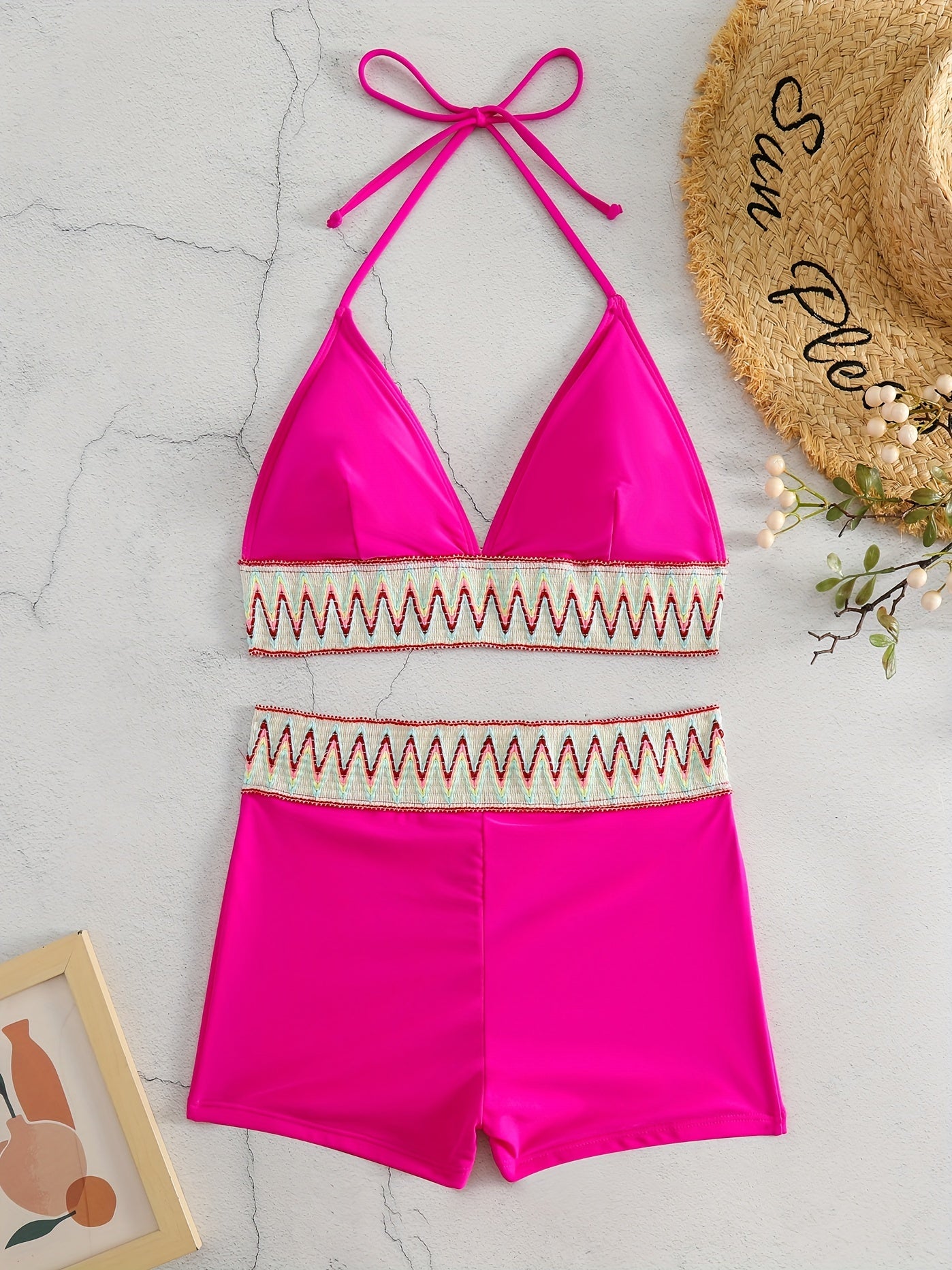 Contrast Band Triangle Bikini Sets V Neck Halter Neck Two Pieces Swimsuit