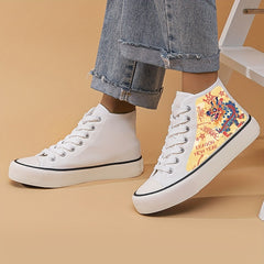 Dragon Print Flat Heighten Chunky Canvas Sneakers