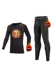 2pcs Kids Warm Compression Base Set Coconut Tree Print Shirt & Pants