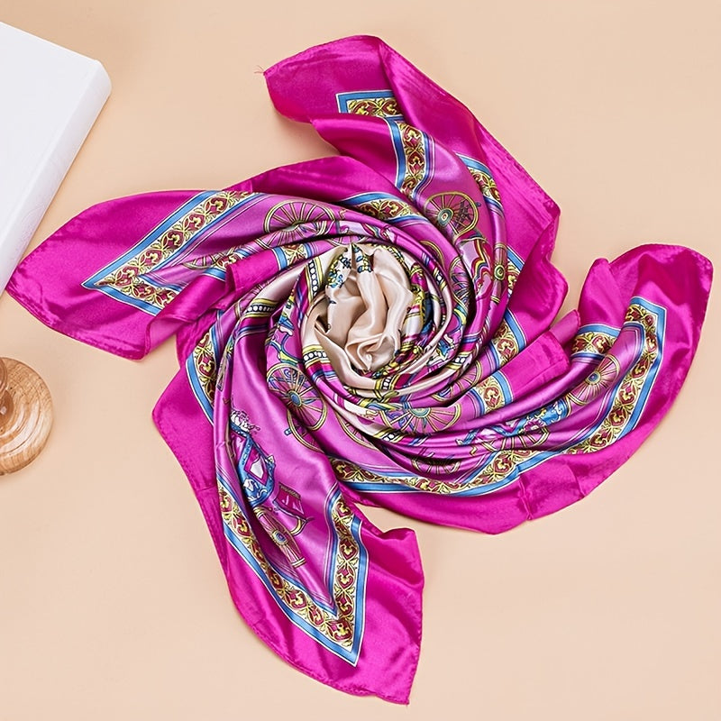 Vintage Satin Scarf Carriage Print Shawl Sunscreen Head Wrap