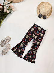 Girls Sunflower & Bull Head Flare Pants Elastic Waist Trousers