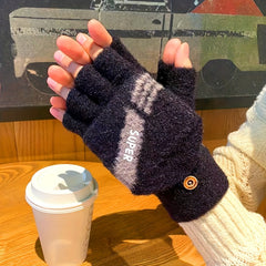 Winter Men's Half Fingerless Flip Gloves Plus Velvet Thick Gloves