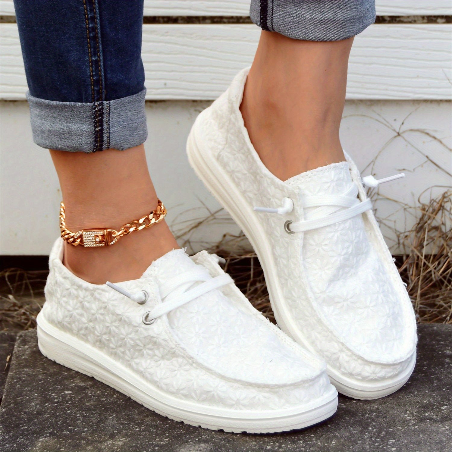 Snow Flake Pattern Boat Shoes Slip on Walking Shoes Canvas Sneake