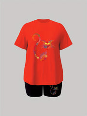Colorful Cat Print Tee & Shorts Set