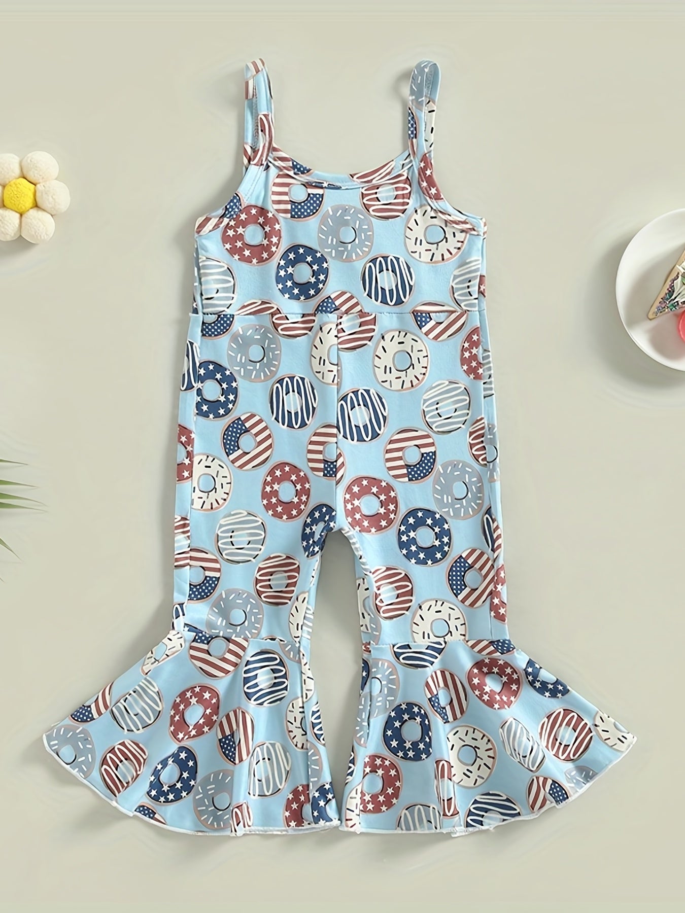 Girl Donuts Print Overall Jumpsuit Sleeveless Wide Leg Romper Pants