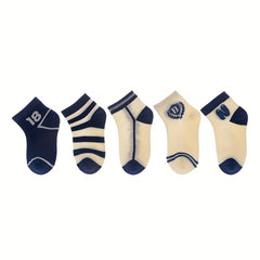 5pcs Boys Kids Cotton Breathable Striped Ankle Socks For Spring