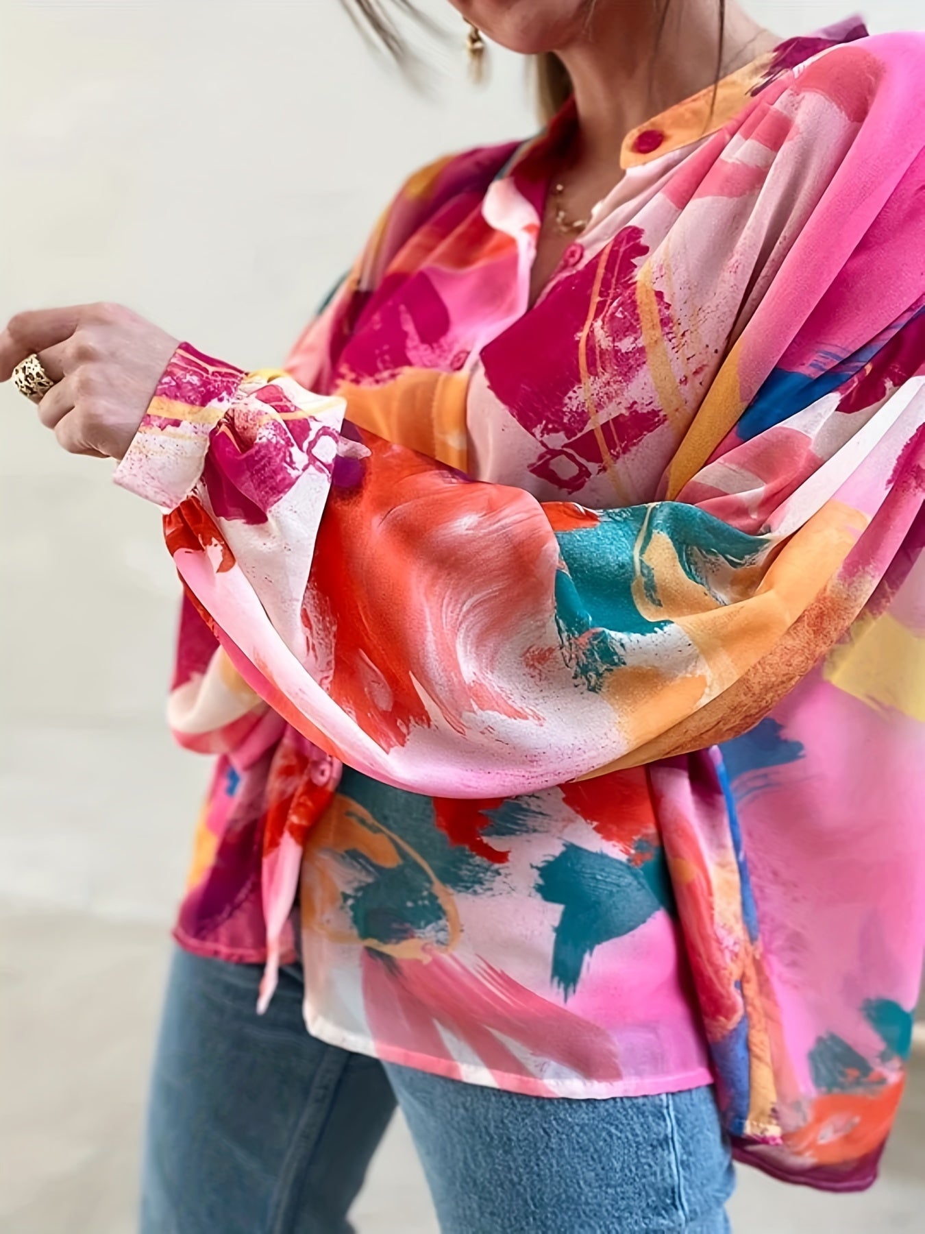 Casual Blouse Women's Plus Colorblock Print Button Up Blouse