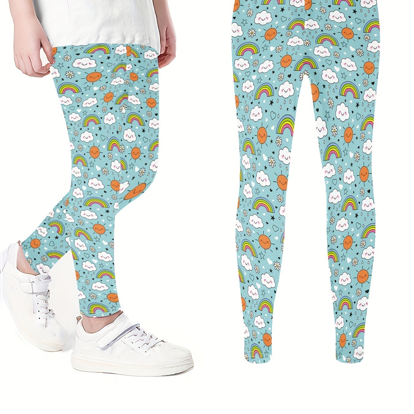 Cartoon Rainbow Print Skinny Leggings, Soft Comfy Tights Pants