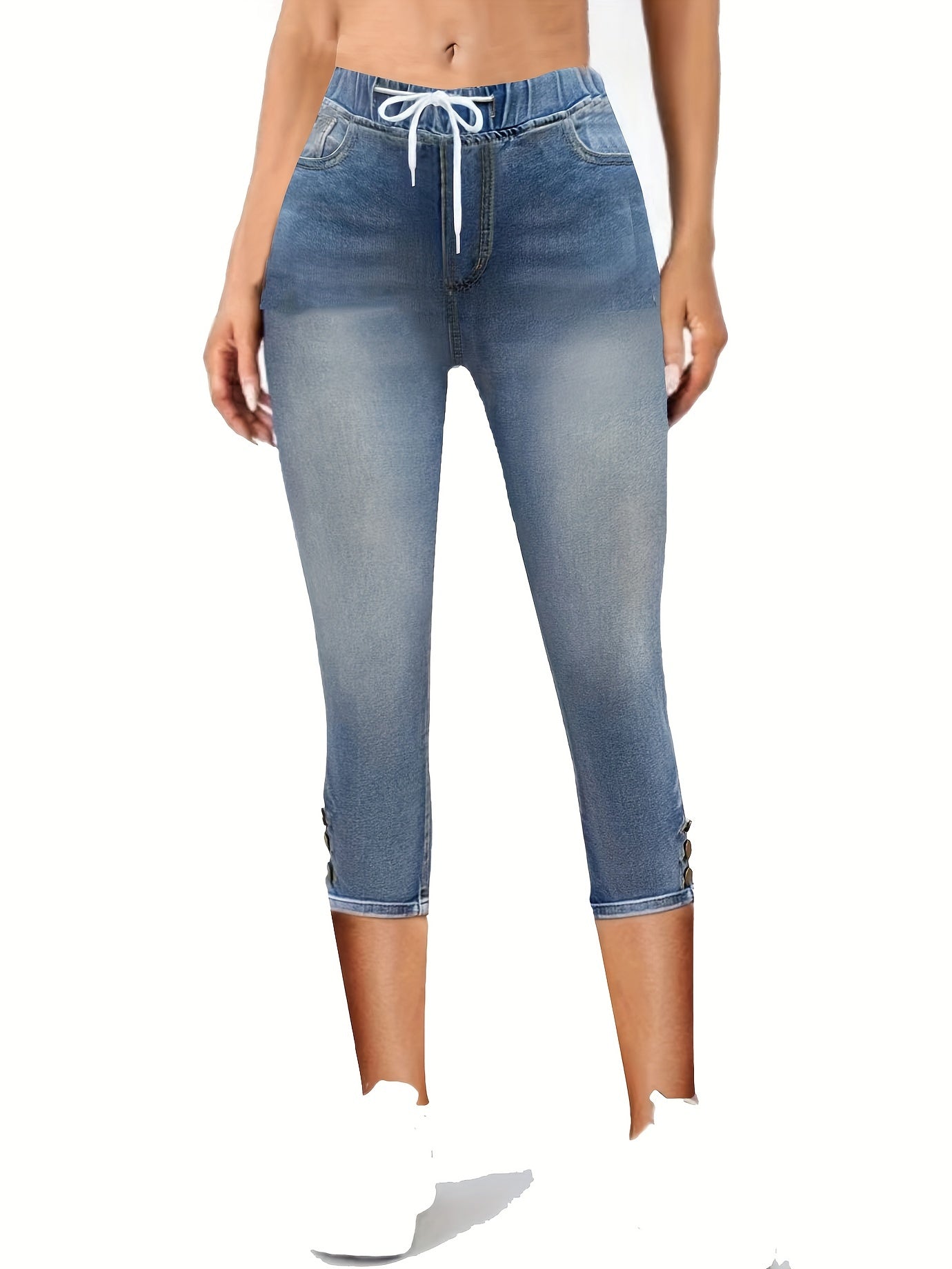 Elastic Waist Capris Jeans Drawstring Slim Fit