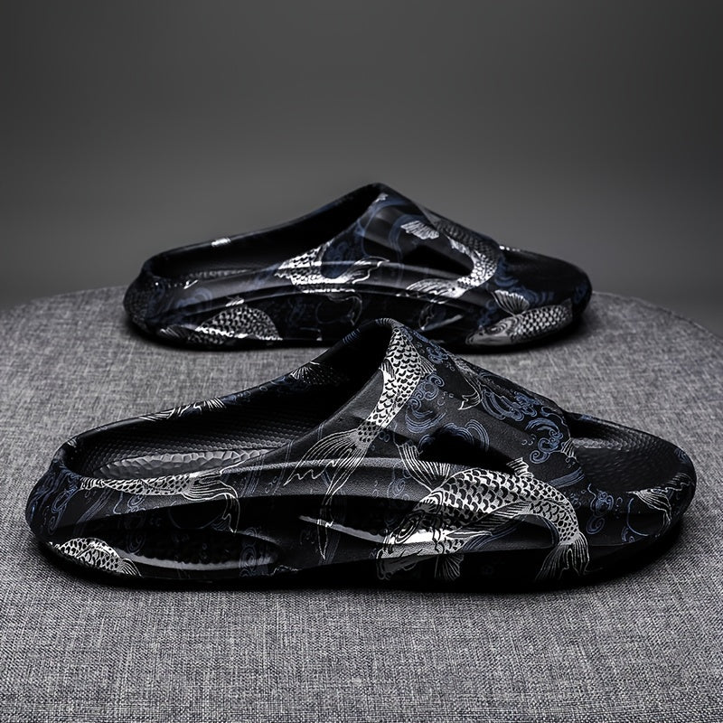 Men's Fish Print Cloud Slides Slippers Lightweight Non Slip Shoes