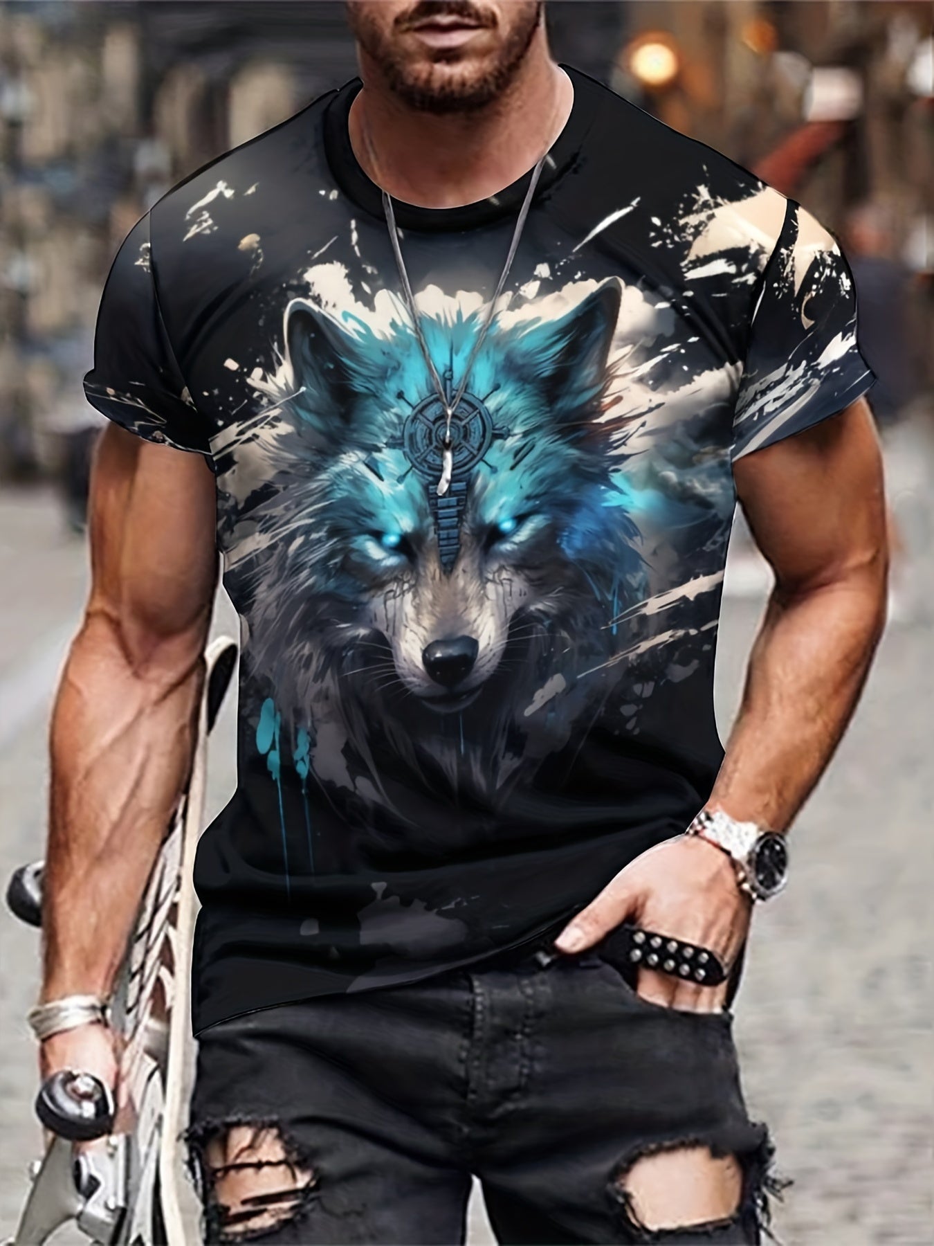 Men's 3D Wolf T-shirt Stretchy Breathable Tee for Spring Fall Outdoor